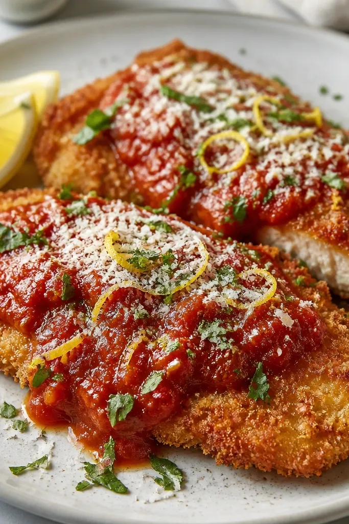 Breaded chicken cutlets with a crisp, tan panko crust, topped with marinara and a light snowfall of cheese, finished with a few lemon zest flecks and chopped parsley.