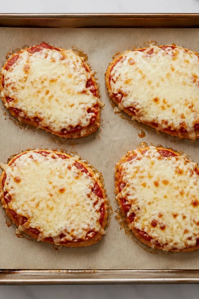 A single sheet pan lined with parchment, four chicken cutlets arranged evenly, each with a thin red sauce smear almost reaching the edges, and a uniform layer of mozzarella.