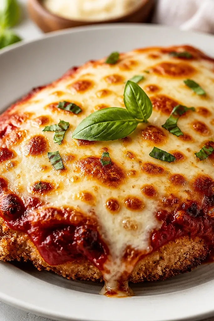 Chicken Parmesan with a glossy, darker red glaze under the cheese, with slightly darker char spots on the sauce at the edges and a bubbly mozzarella layer.