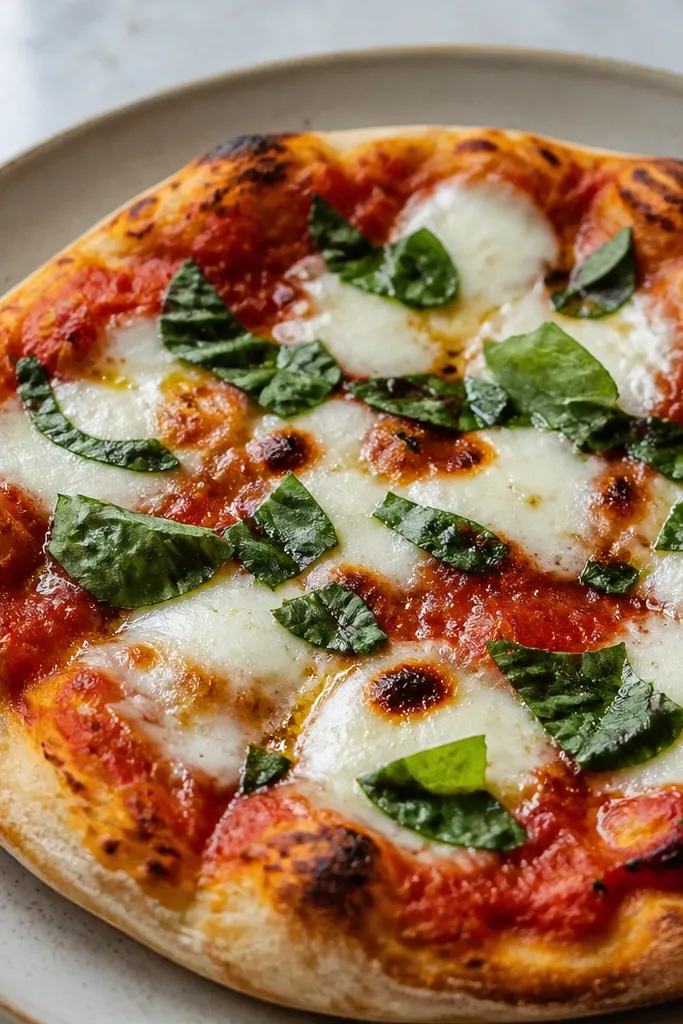 A finished plate where torn basil leaves sit on top of melted cheese, with bright green pops against red sauce and white melted mozzarella.