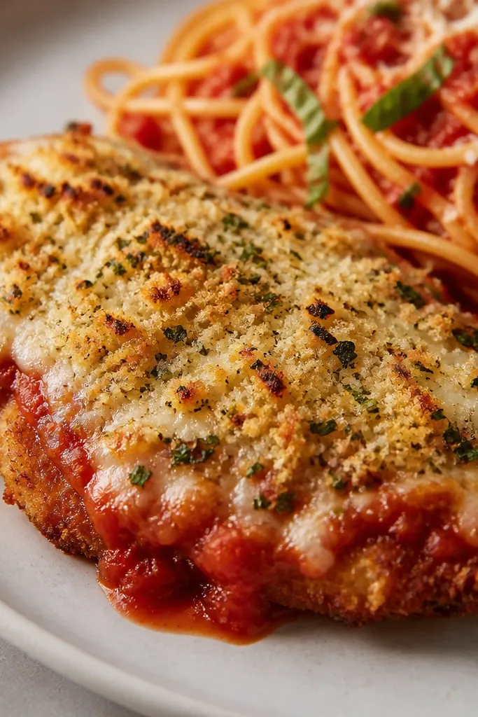Chicken Parmesan with a thin cheese layer and a speckled sprinkle of garlicky breadcrumbs on top, giving a toasted, crunchy look under the broiler.