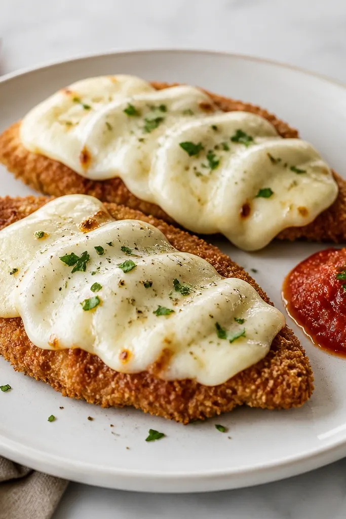Chicken cutlets topped with mozzarella laid in loose waves, with only a small spoon of sauce on the side rather than covering the whole chicken surface.