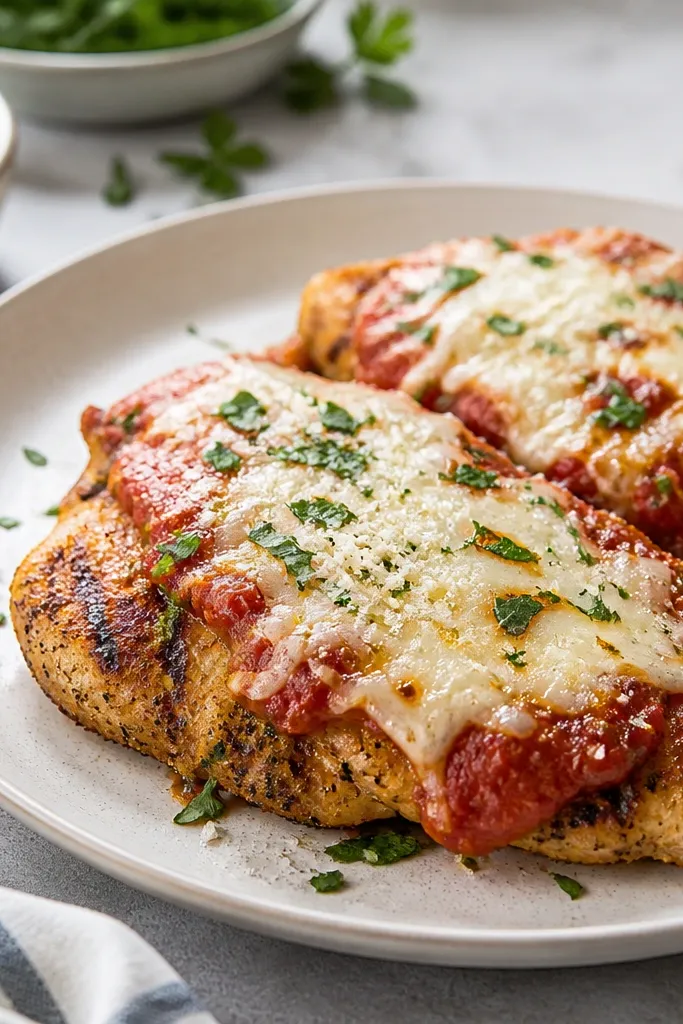 A lighter chicken-parmesan look using turkey cutlets, browned with grill marks, topped with marinara and melted mozzarella, finished with Parmesan dust and parsley.