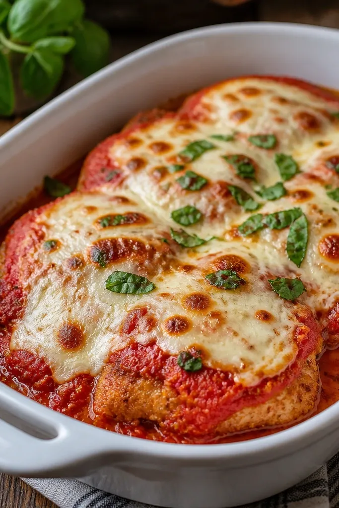 Chicken Parmesan with a thin mozzarella layer and a visible ricotta swirl under the cheese, with browned spots where the swirl hits the broiler heat.