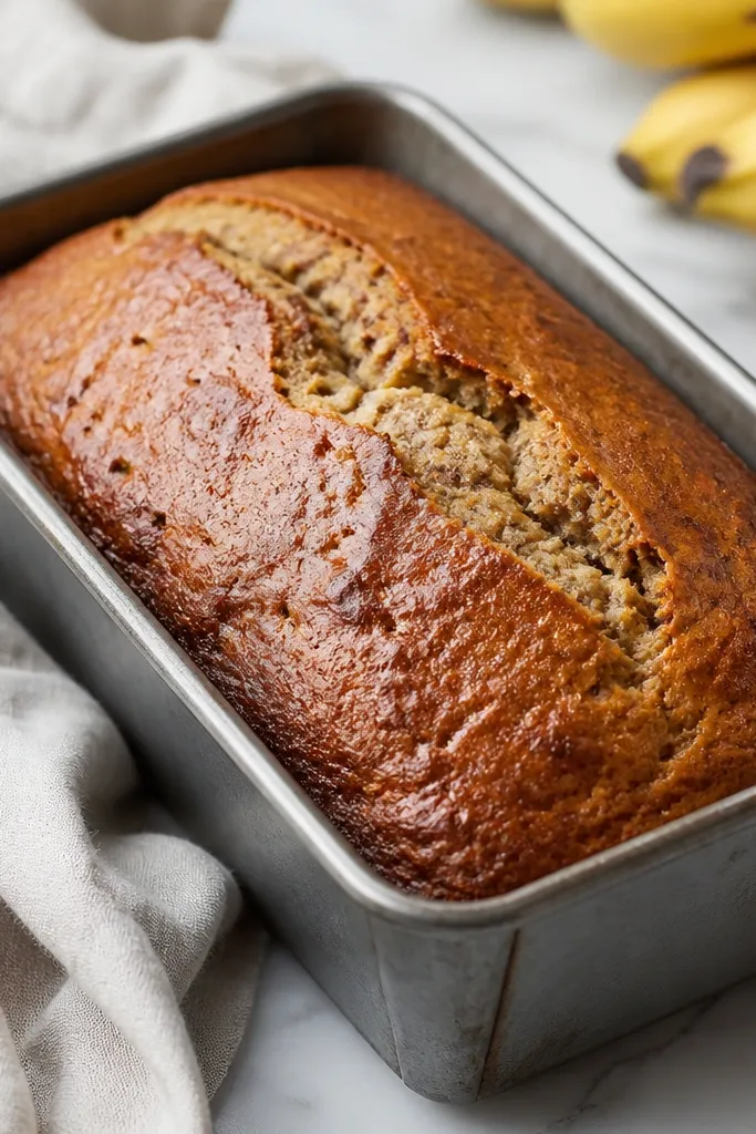 A golden-brown loaf of banana bread in a metal pan, the top domed and lightly cracked, with darker caramelized edges and a glossy sheen from melted butter or egg wash. A few banana specks show near the crust.