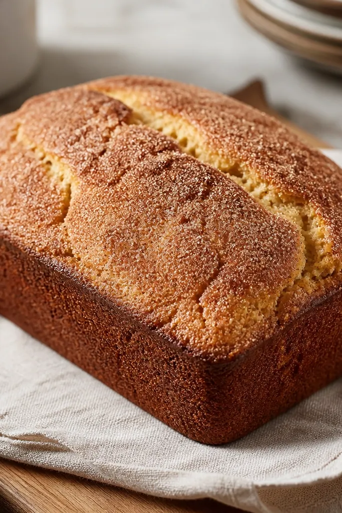 A loaf with a speckled cinnamon-sugar dusting across the top, with tiny toasted brown spots. The crust looks dry and crackly, while the inside would be pale yellow.