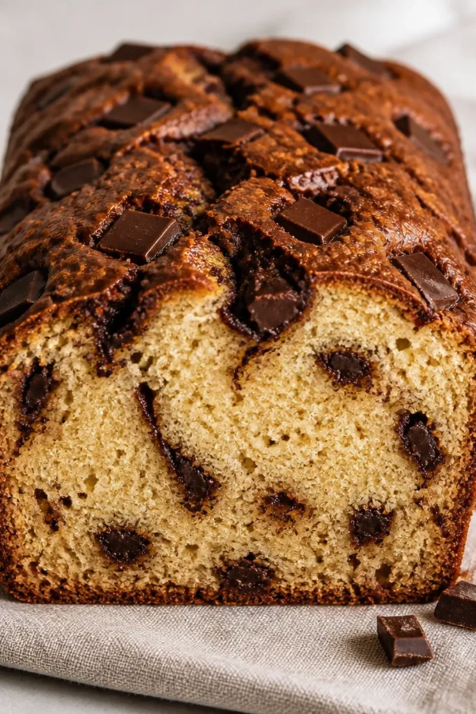 A loaf with visible chocolate chunks on the surface and a few dark streaks near the top. The color contrasts sharply with the pale golden crumb at the slice edge.