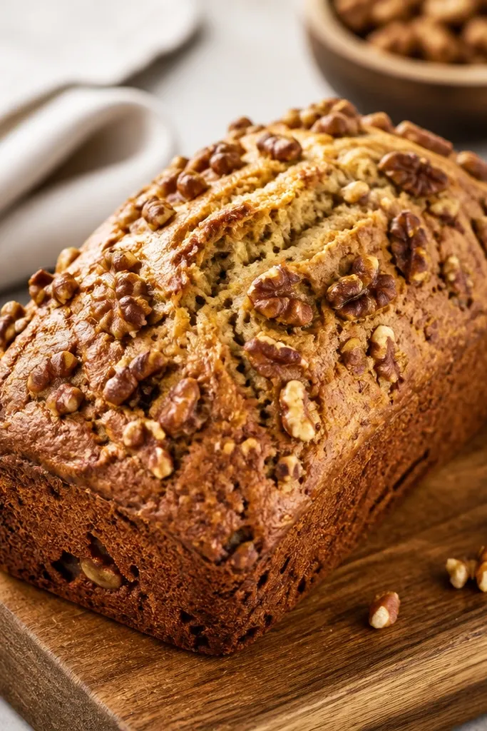 A loaf with scattered walnut pieces along the top and sides, the walnuts looking toasted and slightly darker. The crust is golden with a rough texture.