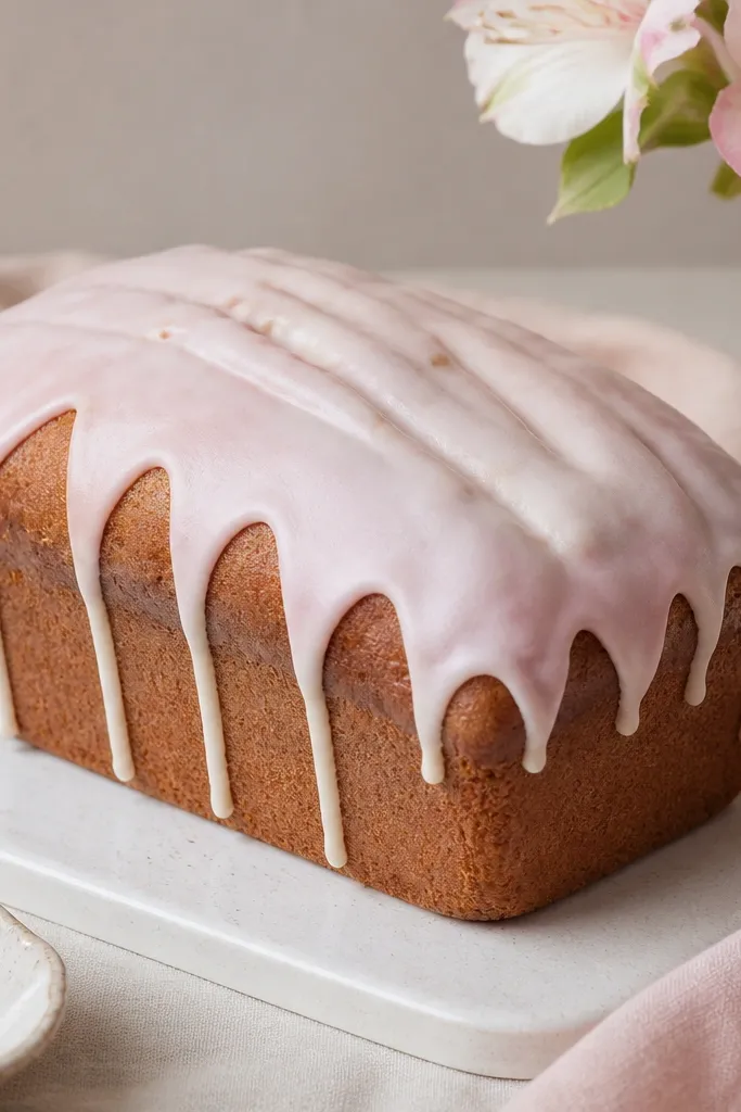 A loaf with a thin white vanilla glaze drizzled over the top, with a faint blush-pink tint near the drips. The glaze looks matte, not runny.