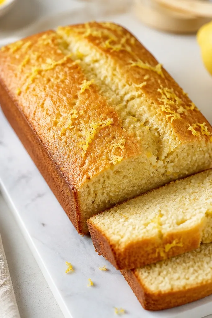 A golden loaf with visible lemon zest flecks across the top, like tiny yellow confetti. The loaf looks lighter and more citrusy than plain banana bread.