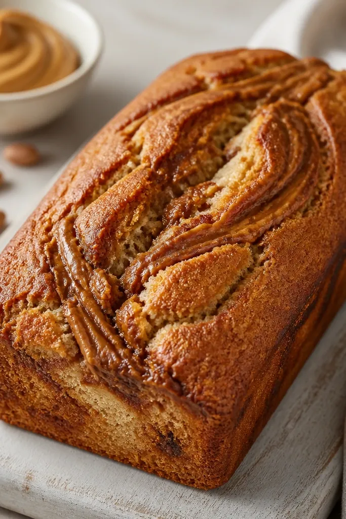A loaf with a visible peanut butter ribbon running through the top, with a few marbled streaks down the loaf. The surface is golden with darker peanut butter lines.