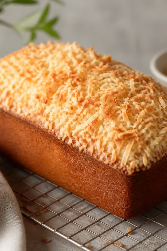 A loaf with a thick layer of toasted coconut on top, like snow. The coconut is light golden with some deeper toasted edges.