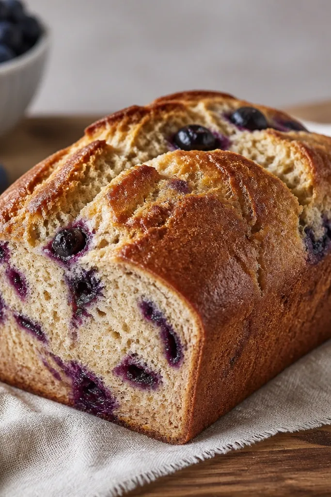 A loaf with small purple berry pockets visible near the surface, with a golden crust around them. The top has a few berries peeking through.