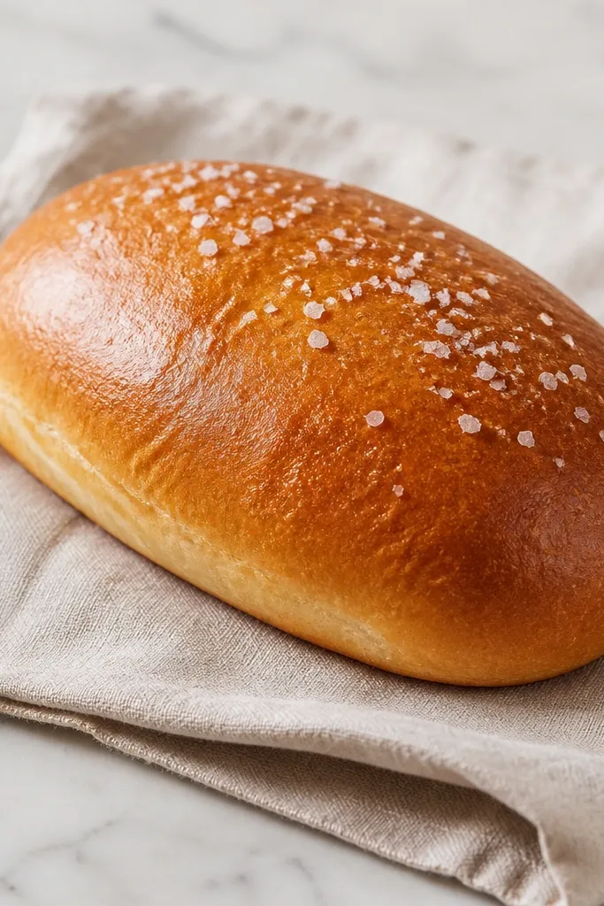 A simple golden loaf with no mix-ins visible, topped with a light scatter of flaky salt crystals. The crust looks even and smooth with a gentle dome.