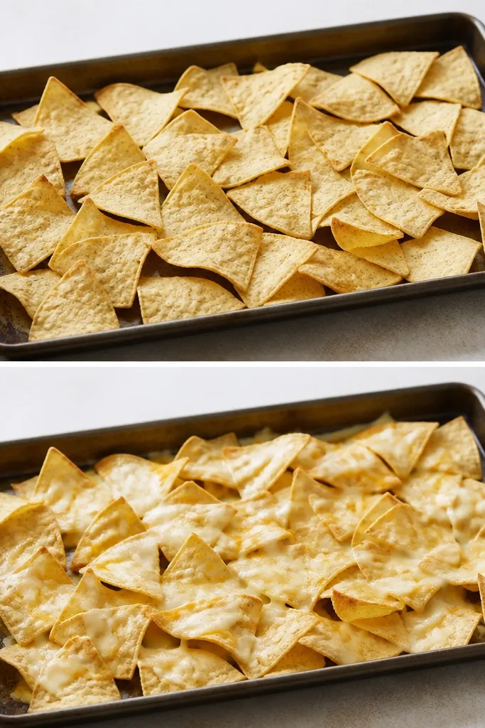The same sheet pan shown in two steps: one image has chips alone after a short bake with light browning; the second image shows melted cheese draped over the chips.