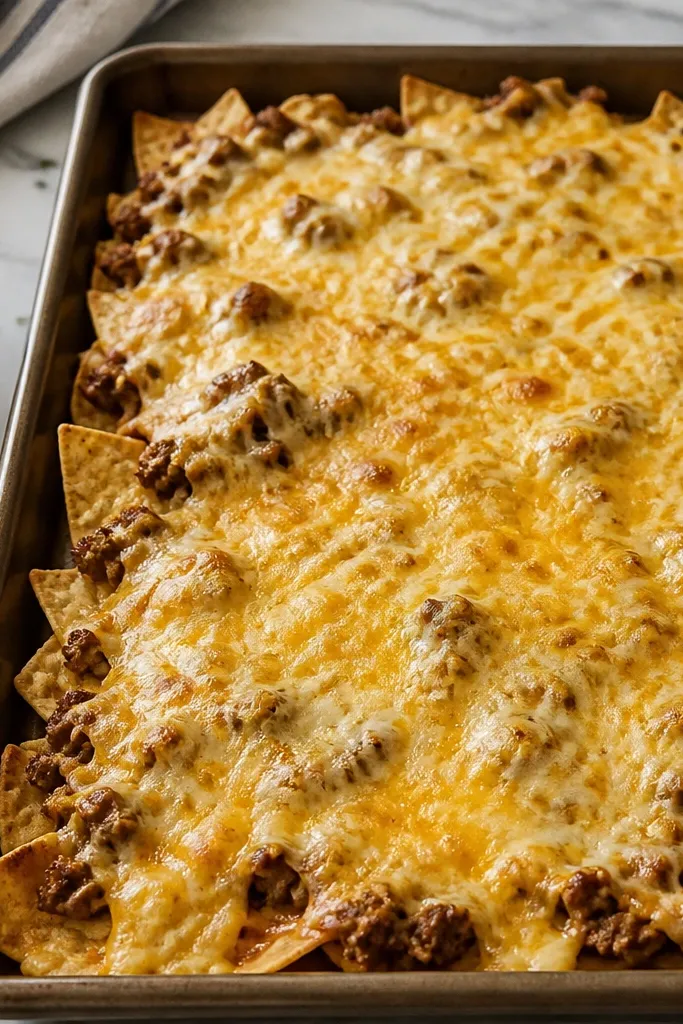 A sheet pan after baking where the cheese looks evenly melted and glossy with small bubbles, not stretched into long strings. You can see chips peeking through at the edges.