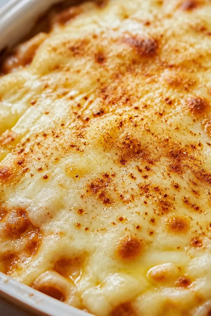 A close view where a fine red-brown seasoning powder is sprinkled over melted cheese, with tiny specks visible across the surface.