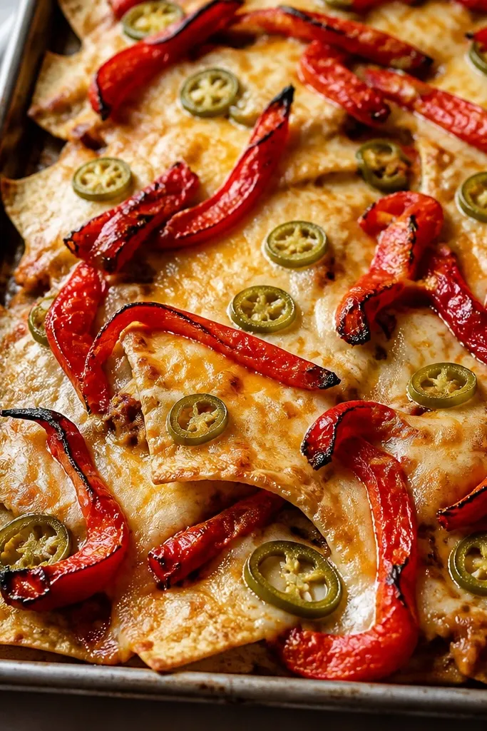A finished sheet pan with jalapeño slices scattered across the melted cheese and roasted red pepper strips adding red ribbons. The peppers look glossy and slightly charred.