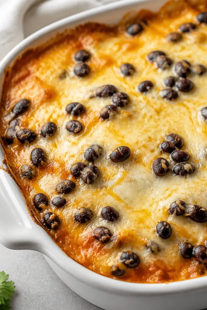 Black beans scattered in small clusters across the cheese, with some beans peeking through melted edges. The beans look matte, not watery.