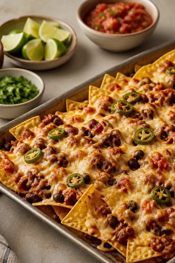 A tabletop setup with small bowls of sour cream, chopped cilantro, lime wedges, and a bowl of salsa. The nachos are on the sheet pan in the foreground, hot and bubbling.
