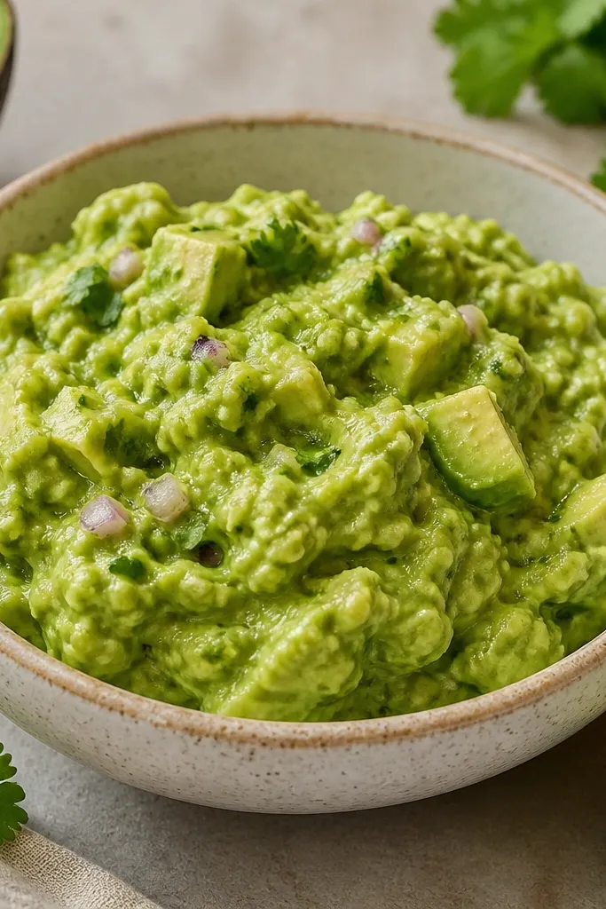 A bowl of chunky green guacamole with visible avocado pieces, a glossy sheen from lime, and small flecks of onion and cilantro.