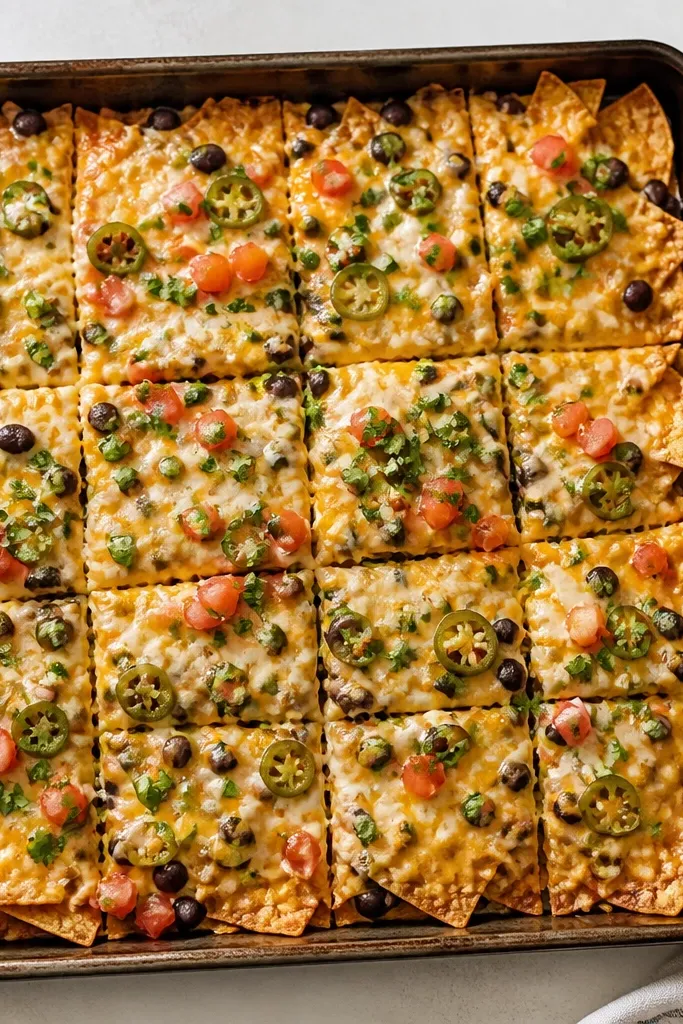 After baking, the nachos have visible cut marks in neat lines across the sheet pan, like squares. Cheese holds the edges together where cuts were made.