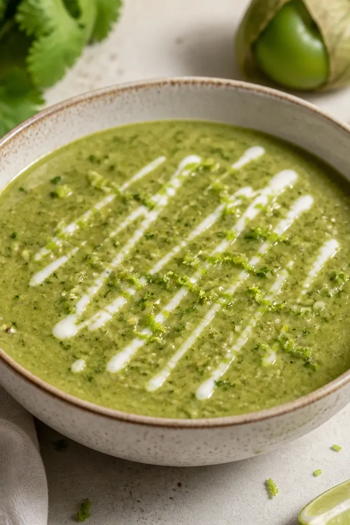 A bowl of creamy green salsa verde with visible tiny flecks of roasted tomatillo and cilantro, topped with a thin drizzle of crema and a few lime zest specks.