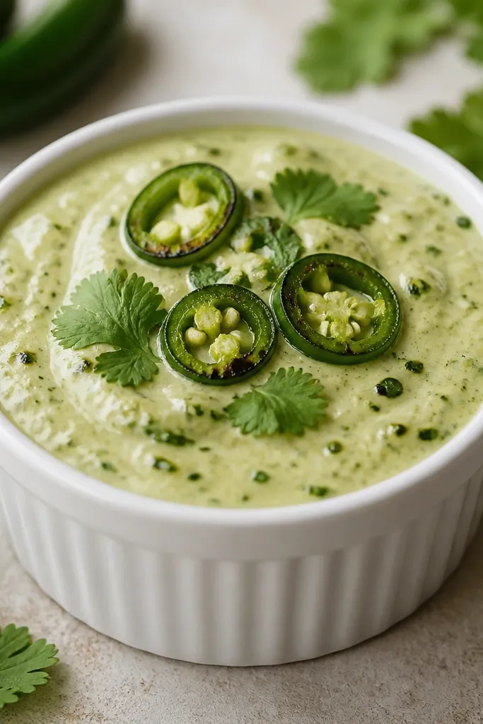Creamy salsa verde in a white ramekin, pale green with streaks of darker green from charred jalapeno, topped with sliced jalapeno rounds and cilantro leaves.