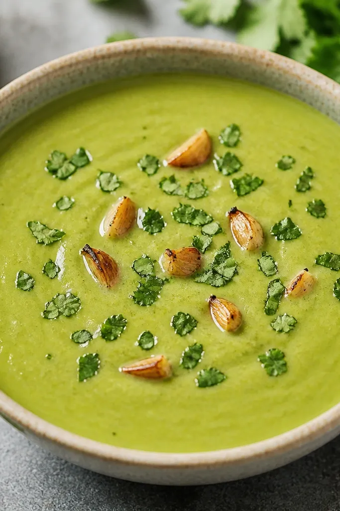 A thick, smooth creamy salsa verde with a uniform light-green color, sprinkled with finely chopped cilantro and a few roasted garlic clove bits on top.