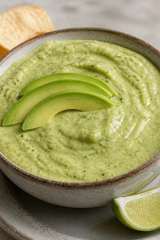 A creamy green salsa with a slightly thicker, almost mousse-like texture, topped with sliced avocado and lime wedges on the side of the serving plate.