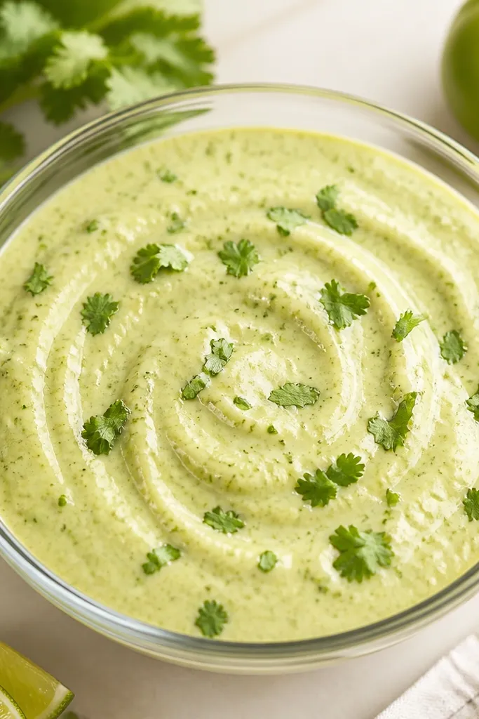 A bright creamy salsa verde in a glass bowl, pale green and glossy, with a swirl pattern from a spoon and cilantro scattered across the top.