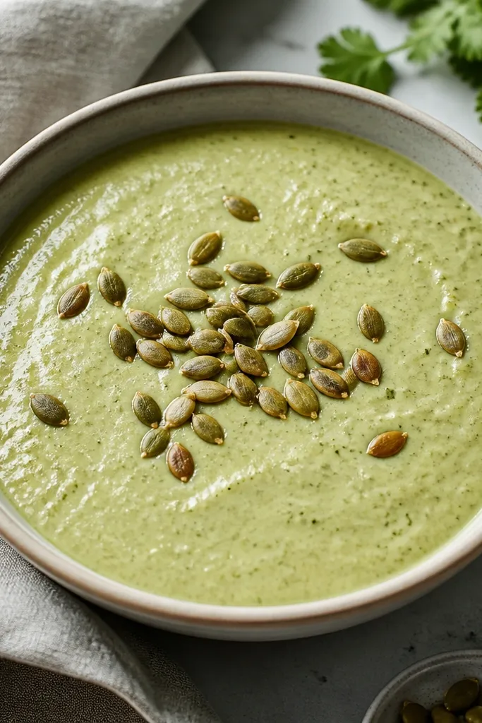 Creamy dairy-free salsa verde in a bowl, light green and glossy, with a few toasted pumpkin seeds sprinkled on top.