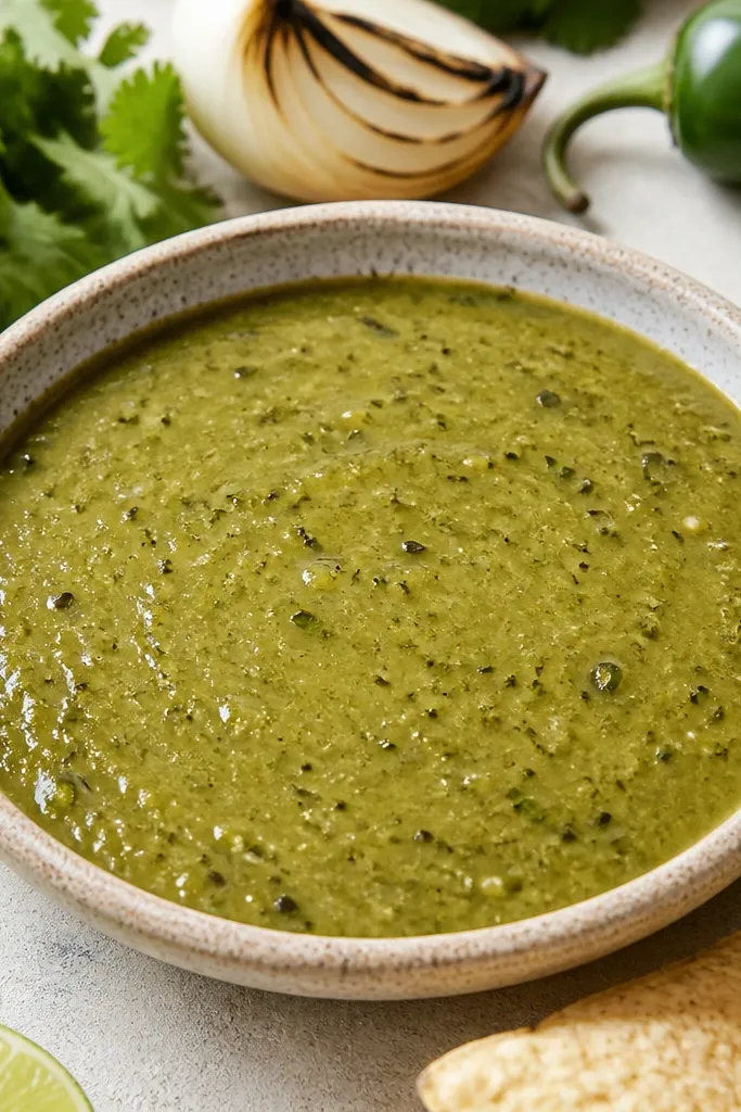 A medium-green creamy salsa verde with darker flecks of charred onion and cilantro, served in a shallow ceramic dish.
