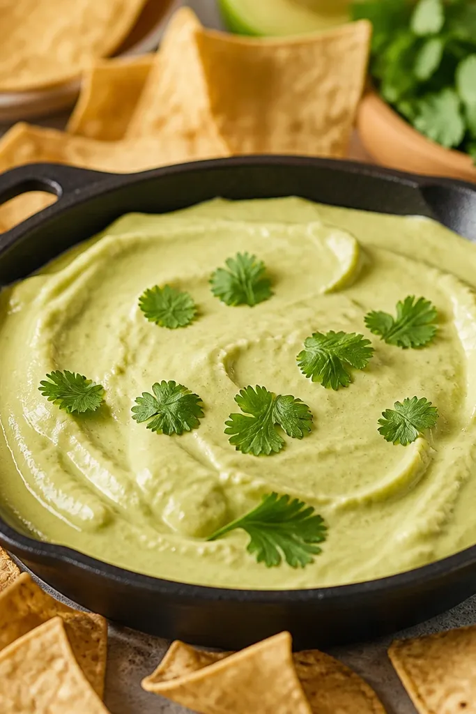 A thick, pale green spread in a small skillet, with a glossy surface and a few cilantro leaves on top, surrounded by tortilla chips.