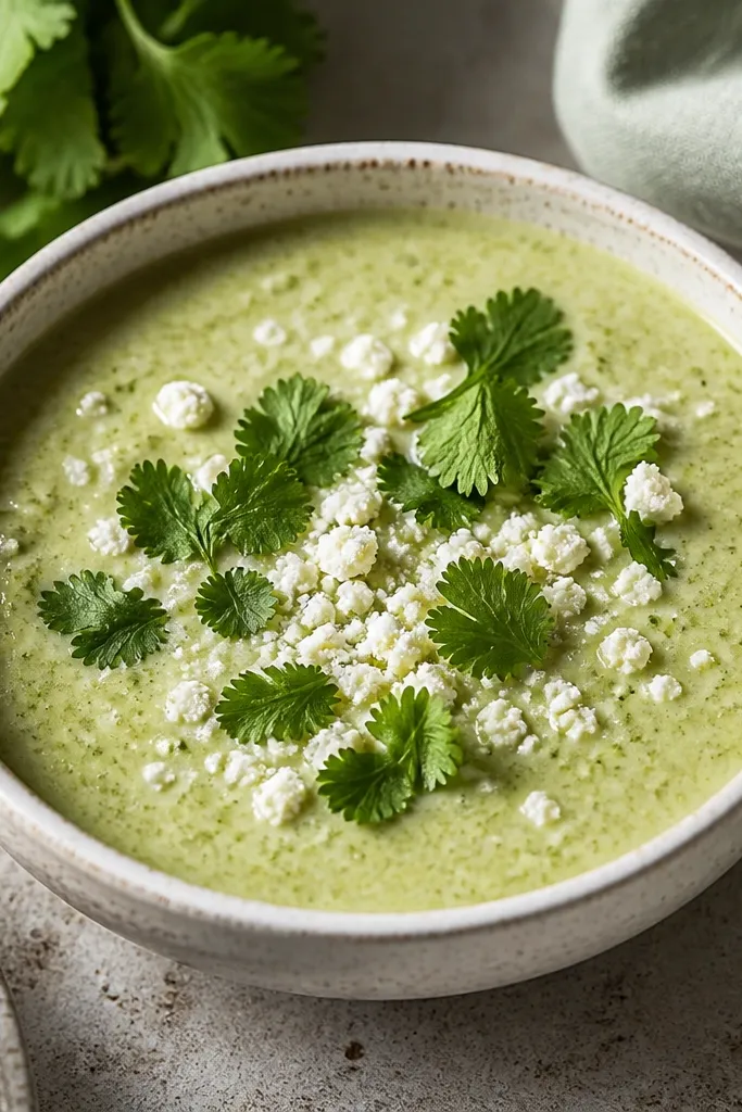Creamy salsa verde with a light-green base and a dusting of crumbled cotija cheese on top, plus cilantro sprigs.
