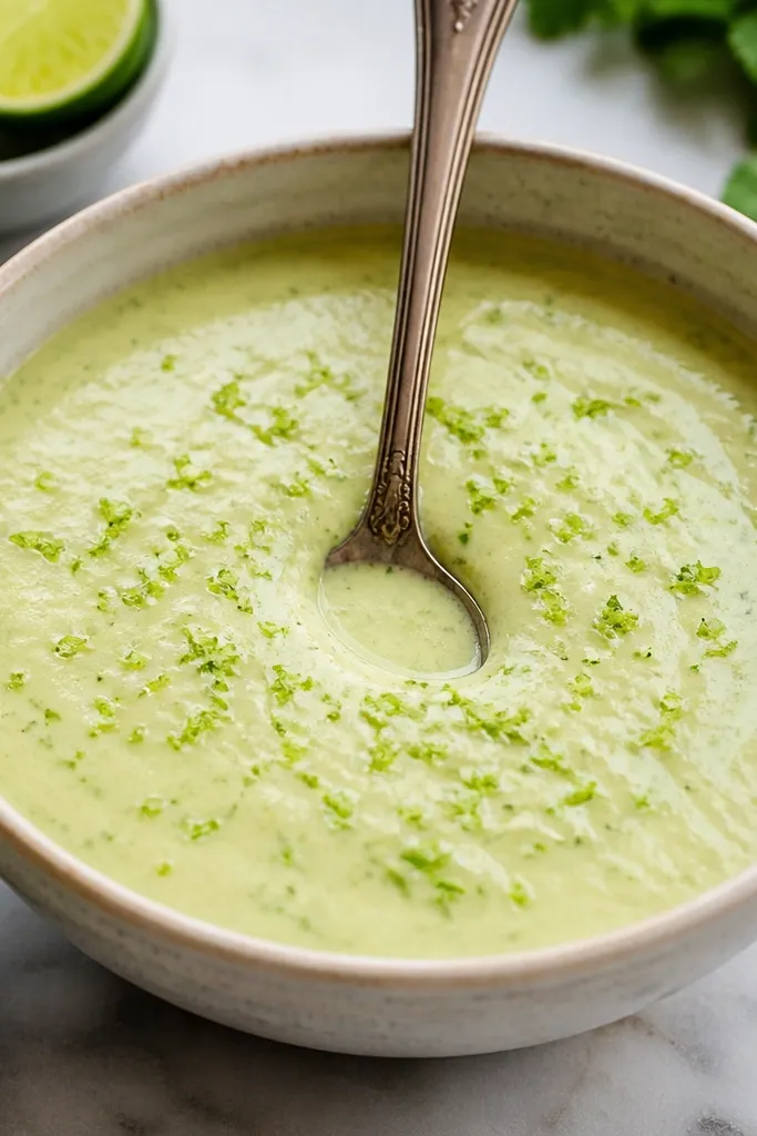 A creamy pale green salsa verde in a bowl with a glossy surface, lime zest scattered like tiny green confetti, and a spoon resting in the center.