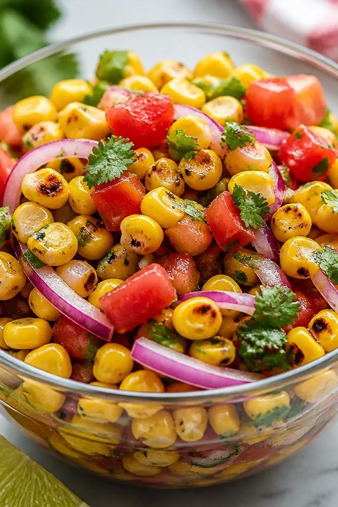 A glass bowl filled with chunky grilled corn salsa: bright yellow kernels with dark brown char specks, red tomato cubes, pale green cilantro leaves, and thin purple-red onion slices, all glossy with lime juice.