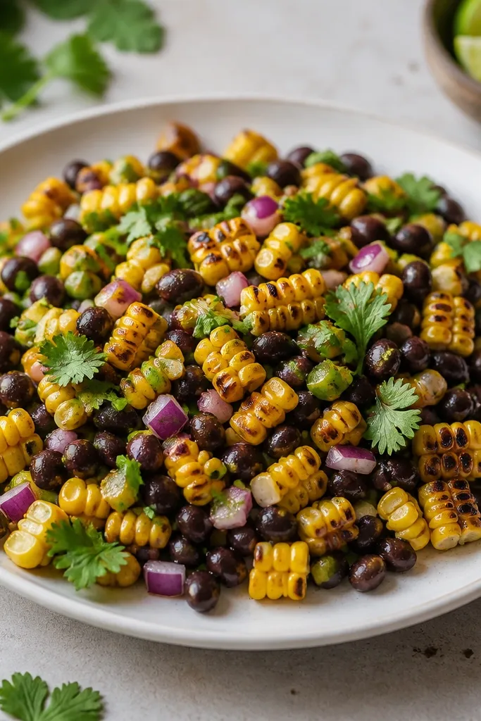 A shallow white plate topped with grilled corn salsa mixed with black beans; the corn has dark char spots, beans are glossy black, and cilantro sits on top like confetti.