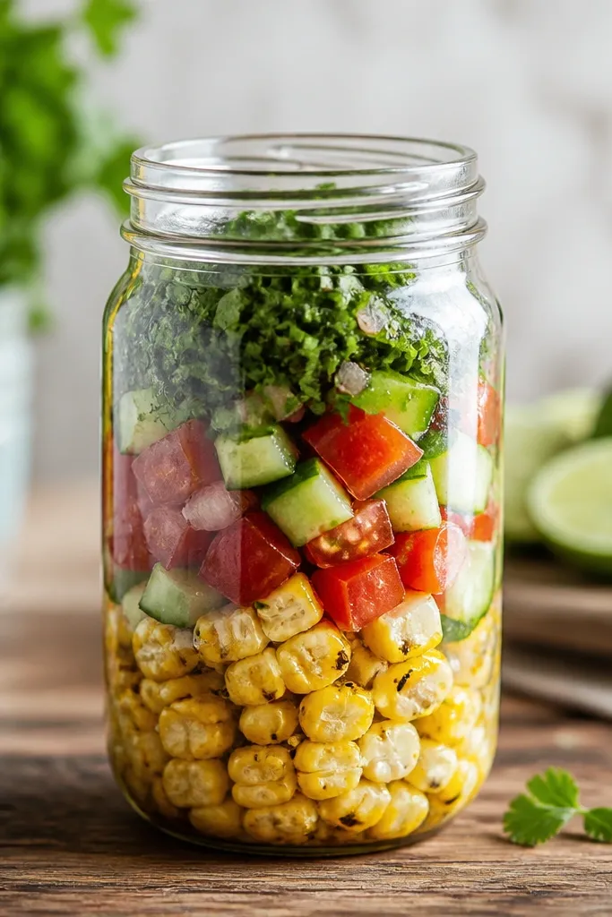 A mason jar filled with alternating layers: bottom has grilled corn, middle has tomato-cucumber bits, top has chopped cilantro and lime sheen; the jar shows distinct color bands.