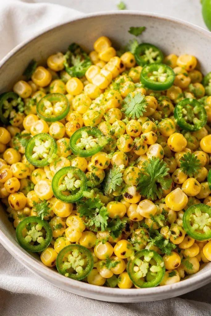A bowl where jalapeño slices are clearly visible as thin green rings across a bed of yellow charred corn, with lime zest dusted on top and cilantro scattered.