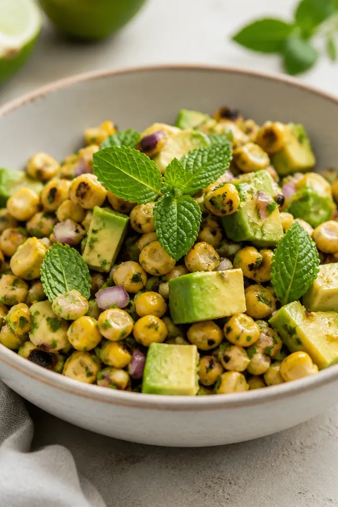 A shallow bowl with grilled corn salsa mixed with avocado chunks; avocado is pale green, charred corn is yellow with dark freckles, and a few mint leaves sit on top.