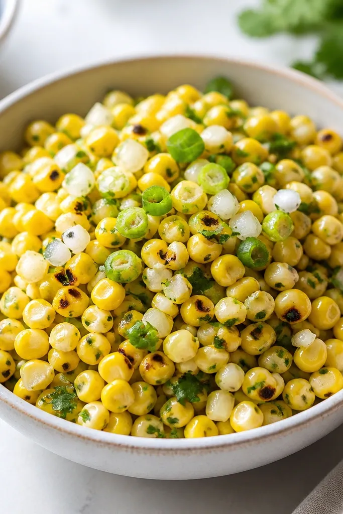 A clean bowl of grilled corn salsa with no visible tomato pieces; it's mostly corn, onion, cilantro, and a glossy lime coating, topped with a few chopped green onion rounds.