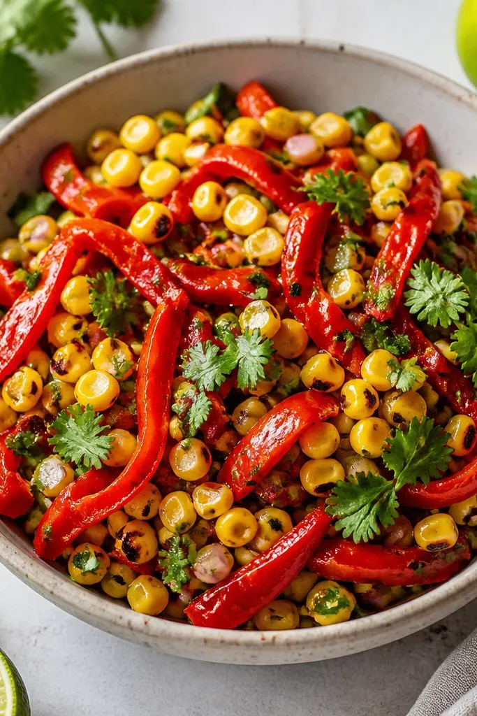 A bowl where thin strips of roasted red pepper are streaked through charred corn salsa; the red looks smoky and glossy, with cilantro leaves and lime juice shining.
