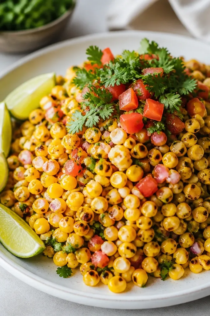A platter with a mound of chunky grilled corn salsa, char specks visible, topped with cilantro and a few diced tomato corners; lime wedges sit beside it.