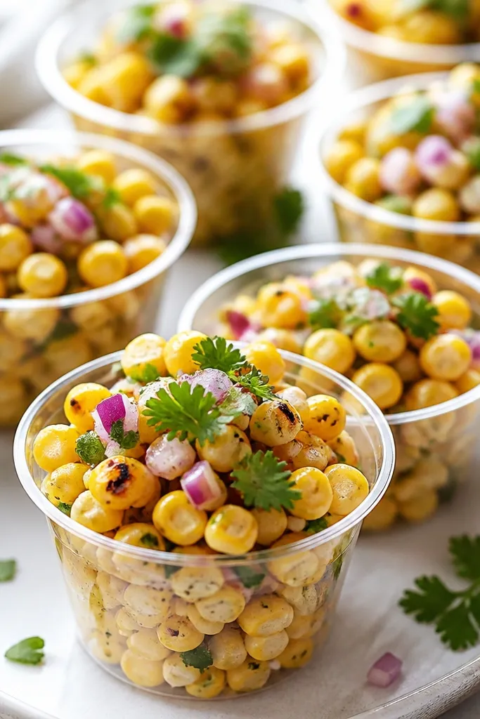Small clear cups filled with quick easy grilled corn salsa; you can see a rim of corn at the top, with red onion and cilantro sprinkled over like confetti.