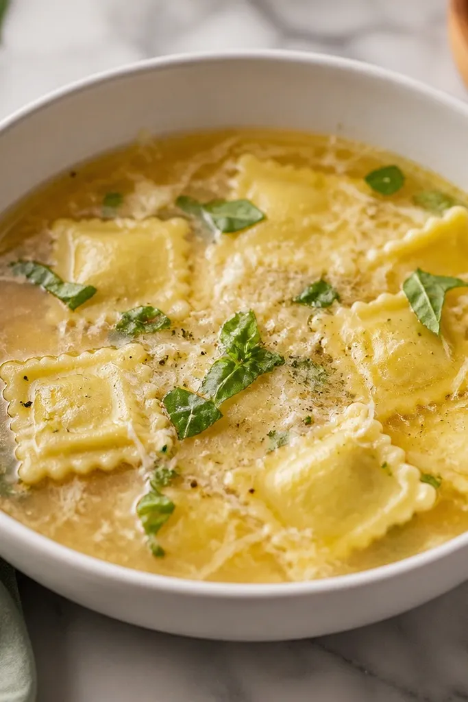 A white bowl filled with cloudy golden soup. Small square ravioli are visible near the top, with thin melted cheese streaks clinging to the broth surface. Tiny flecks of black pepper and bright green basil sit across the top.