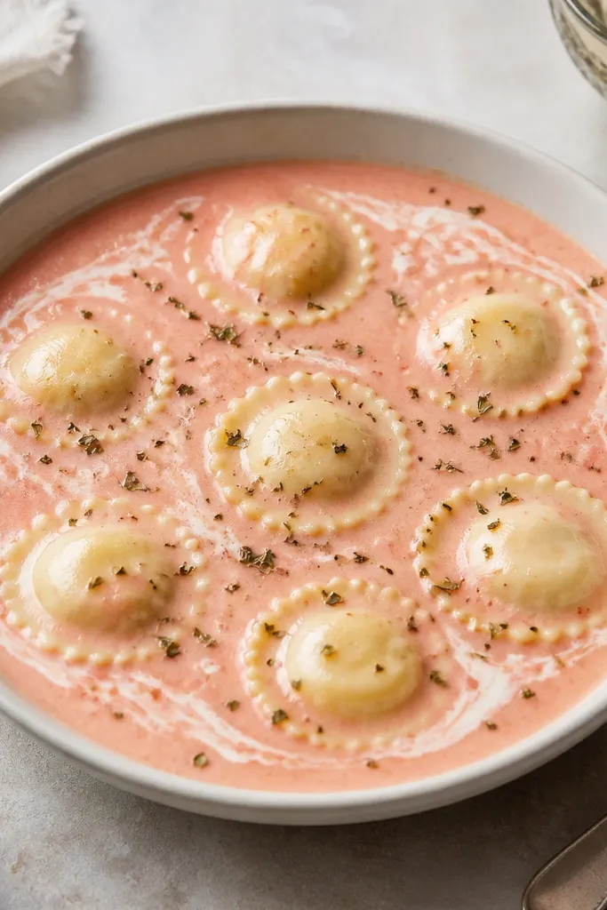 A shallow bowl where the soup is light pink and creamy. Ravioli pieces sit evenly spaced, and a swirl of cream is faintly visible around the rim. Specks of dried oregano are sprinkled on top.