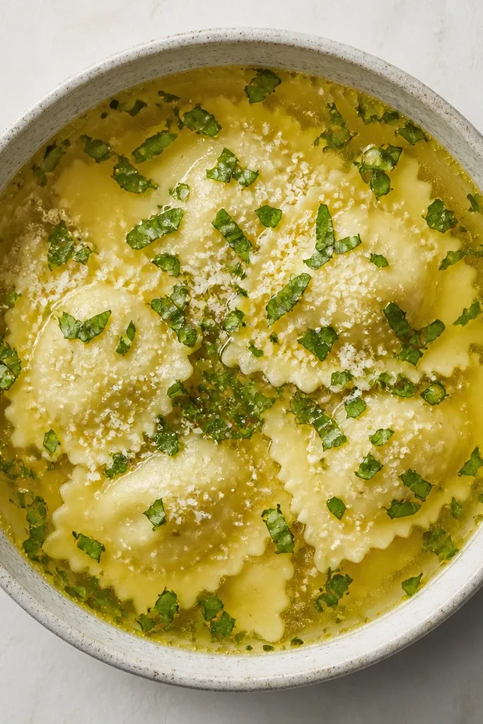 A bowl shot straight overhead. The soup is golden and clear enough to see ravioli edges. Bright basil leaves are chopped finely and scattered like confetti, with a dusting of parmesan snow.