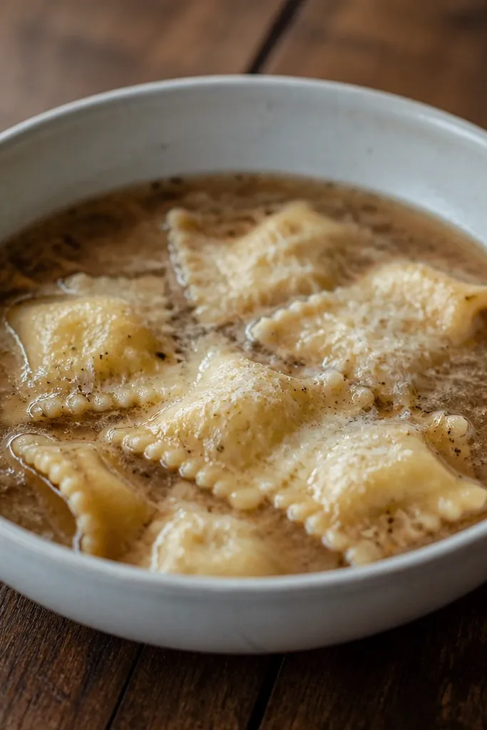 A dark-speckled soup surface with visible pepper granules. Ravioli are partially submerged, and a thin cap of melted parmesan sits on top in small patches. The bowl is photographed on a wooden table.