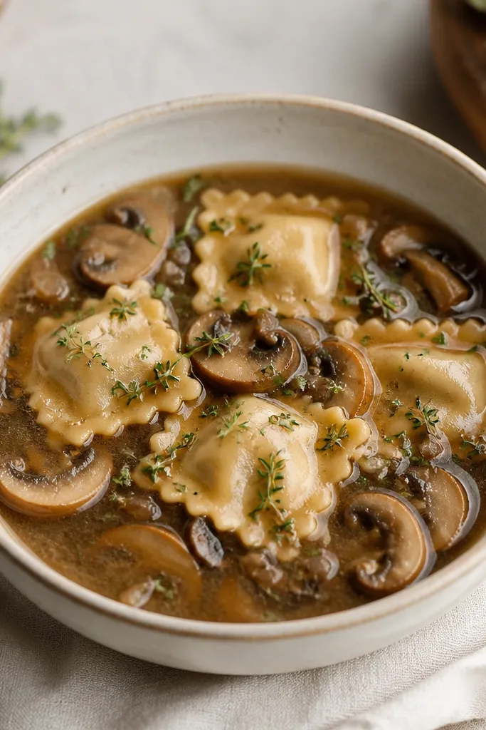 A bowl with visible sautéed mushroom slices throughout the broth. The soup looks deeper brown-gold, and the ravioli are tinted slightly by the mushroom juices. A sprinkle of thyme sits on top.